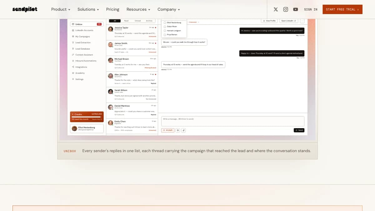 SendPilot Unibox showing replies from several LinkedIn sender accounts with Interested and Meeting Booked statuses and an AI draft button, SendPilot review 2026