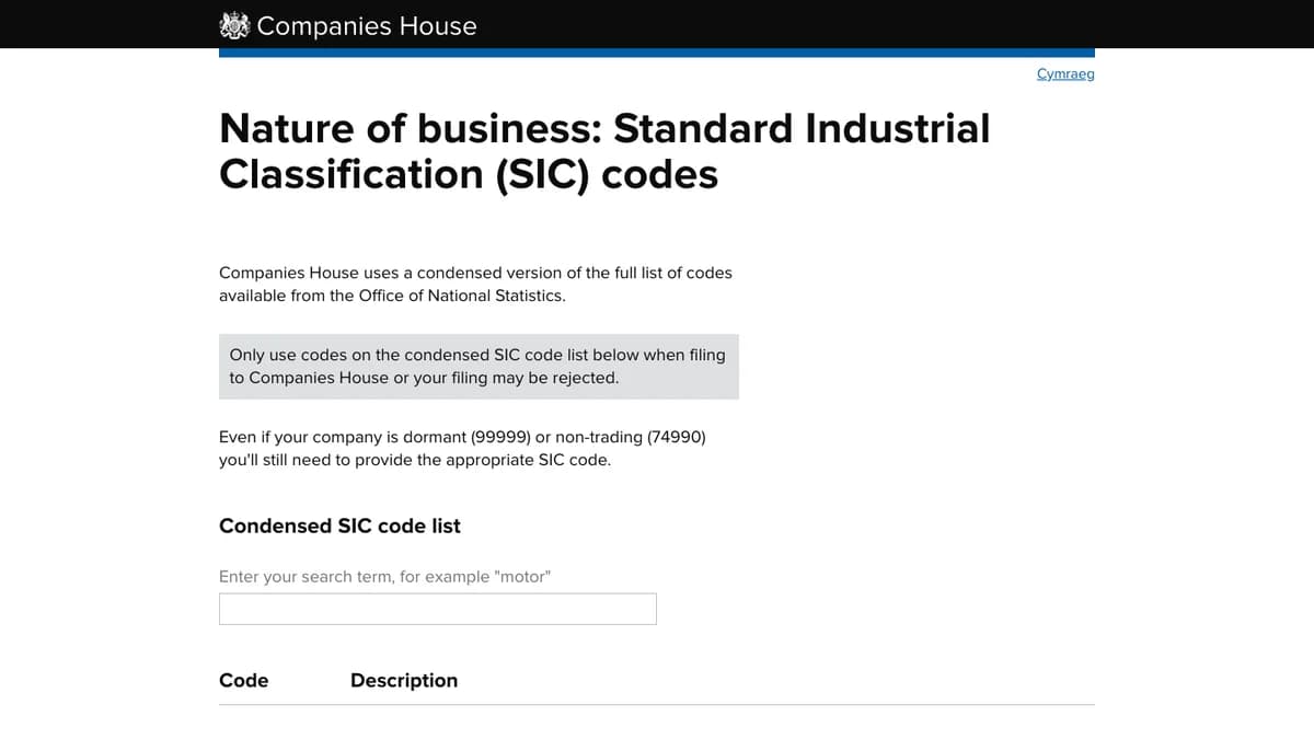 Companies House SIC code search page with the UK SIC 2007 condensed code list and keyword search box