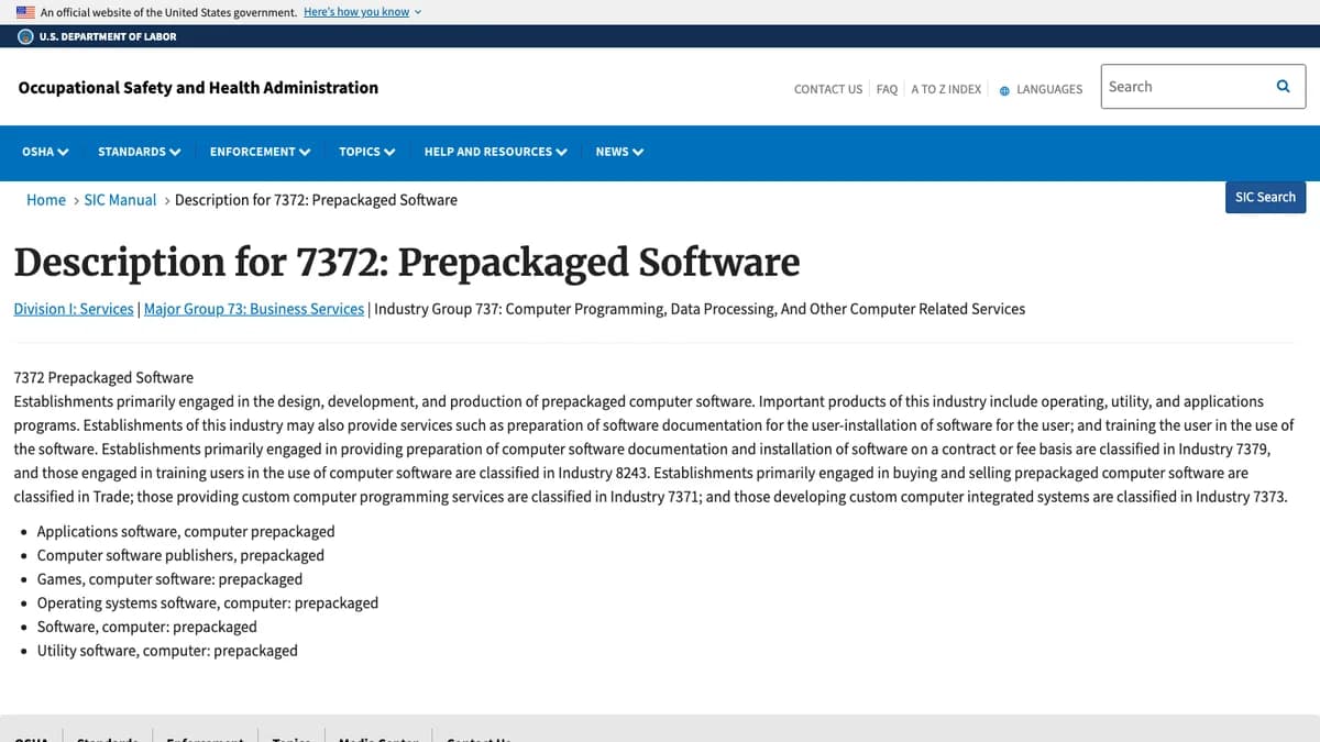 OSHA SIC Manual entry for SIC code 7372 Prepackaged Software showing division, major group 73, and included activities