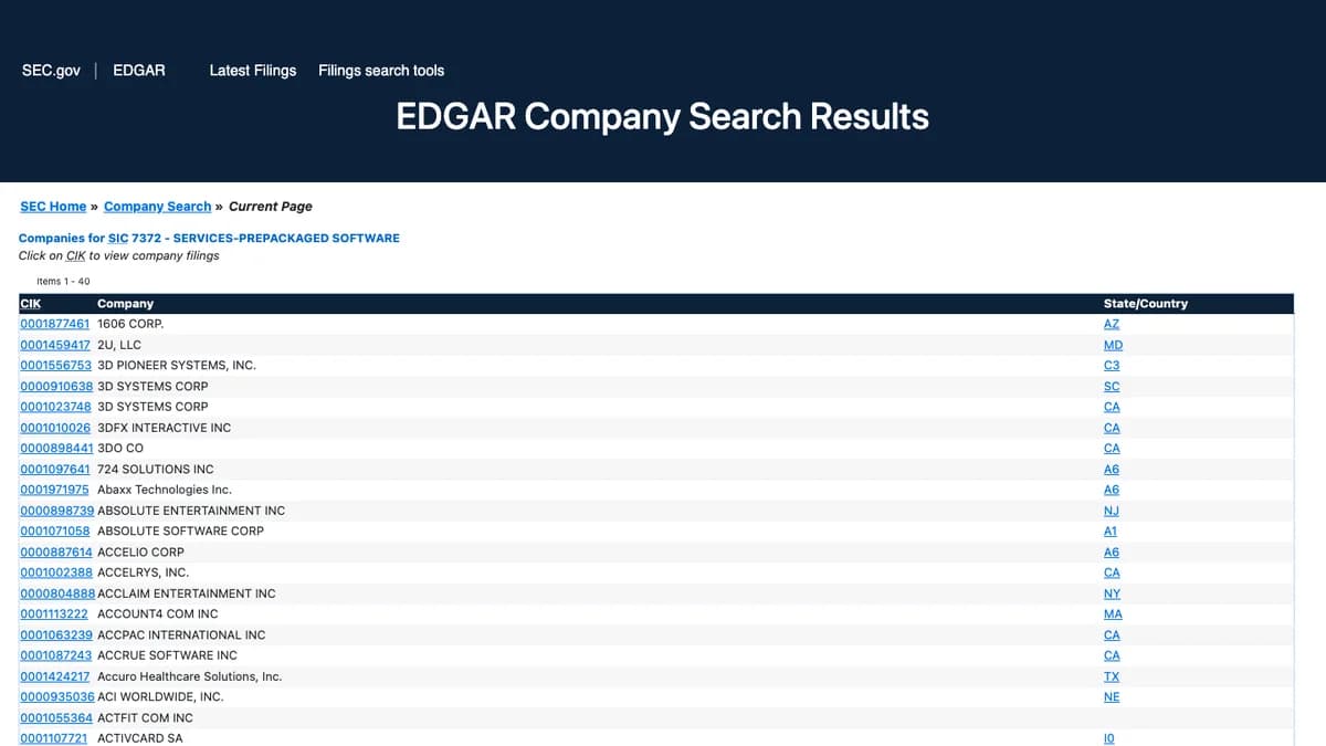 SEC EDGAR company search results listing companies for SIC 7372 Services-Prepackaged Software with CIK and state