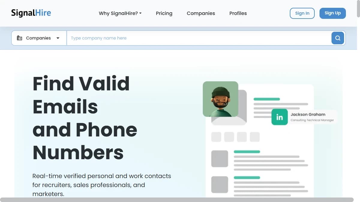 SignalHire homepage — single-database contact finder evaluated as a SignalHire alternative for B2B prospecting in 2026