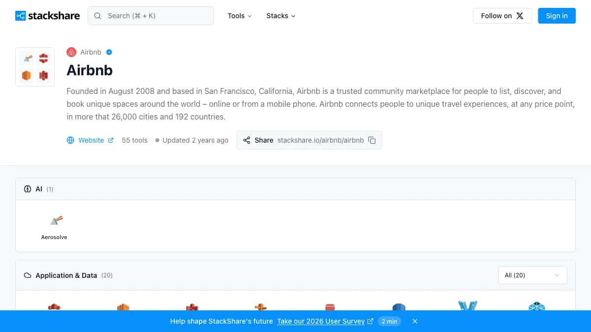 StackShare Airbnb company profile showing 55 tools and an updated 2 years ago timestamp — StackShare review 2026 data freshness