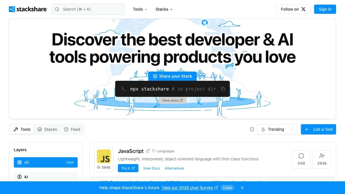 StackShare homepage showing developer and AI tool discovery — StackShare review 2026