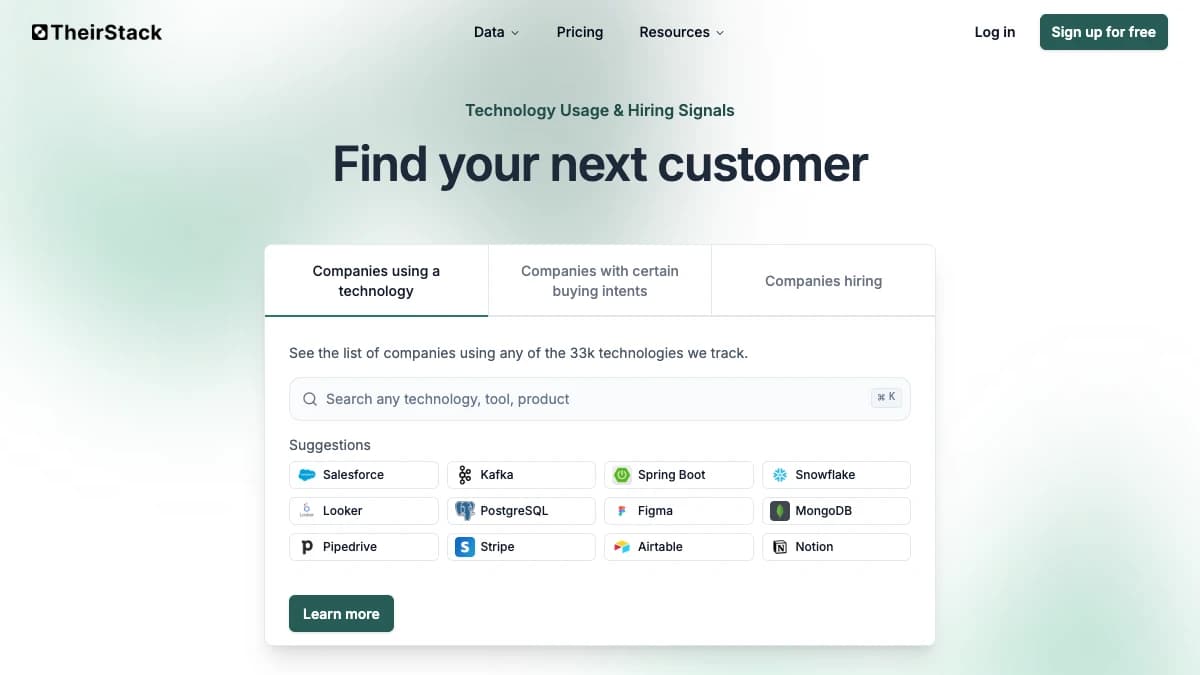 TheirStack homepage job-posting technographics — Intricately alternative for backend tech detection