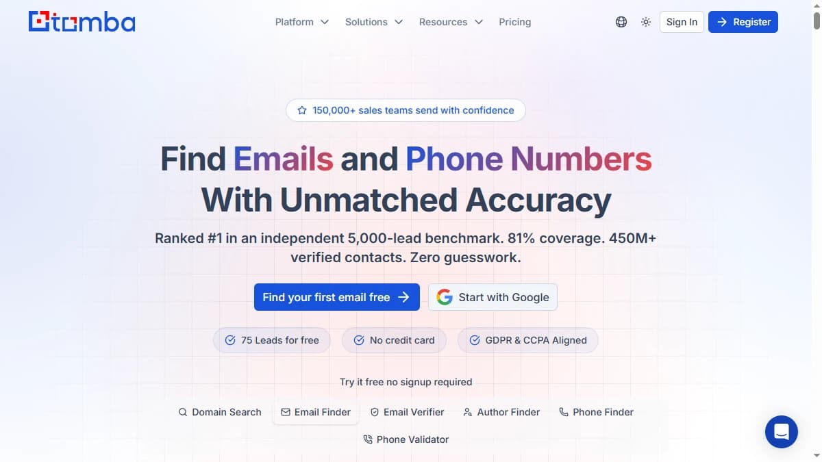 Tomba.io homepage — AI-powered B2B email finder reviewed for data coverage and pricing in 2026