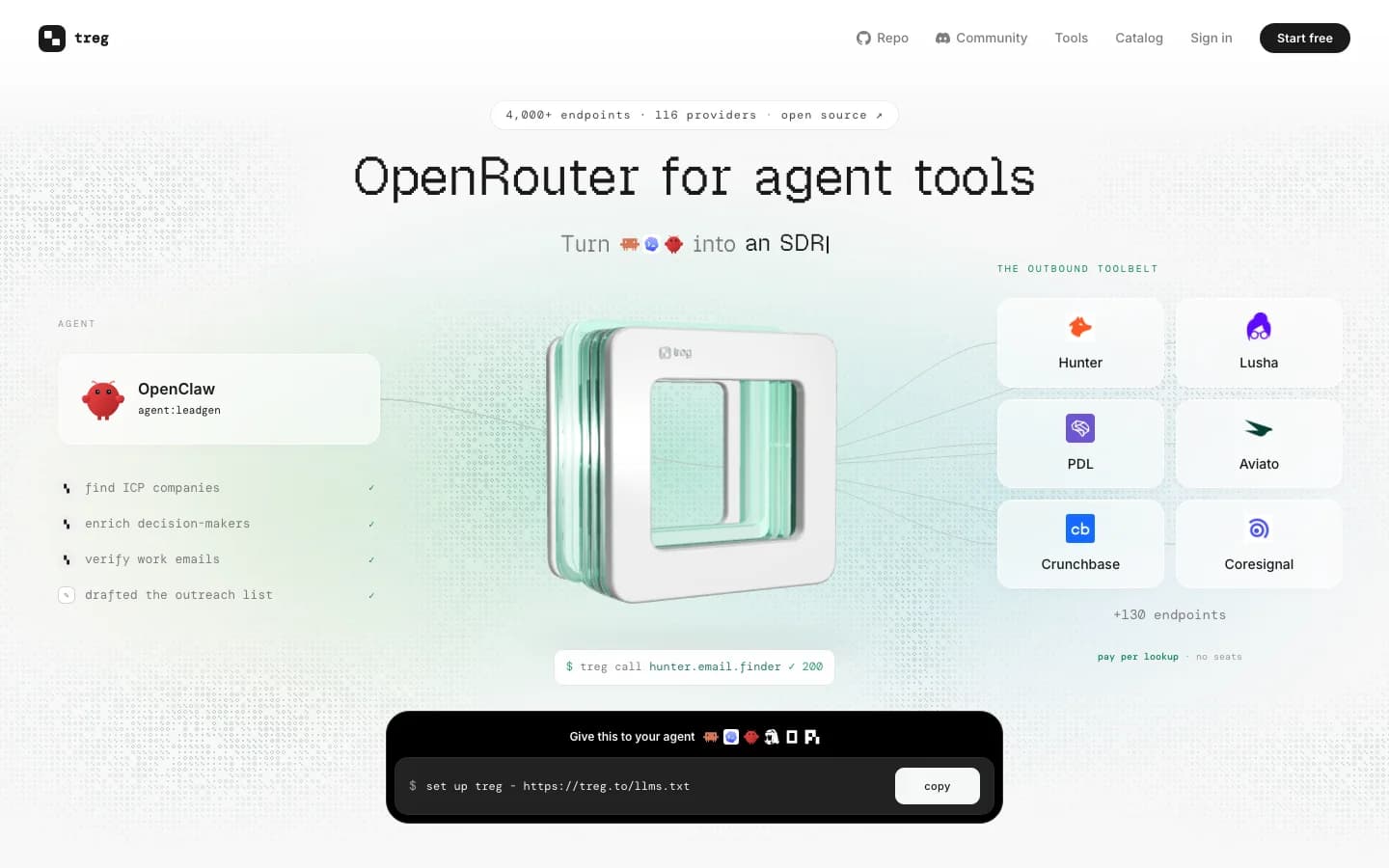 treg homepage, OpenRouter for agent tools: open-source Deepline alternative with 116 providers