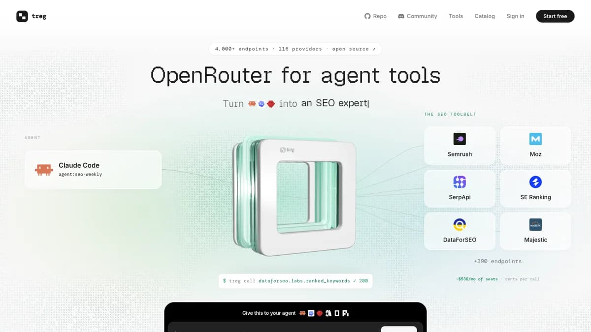 Treg homepage showing OpenRouter for agent tools with 4,000+ endpoints and 116 providers — Treg alternatives 2026
