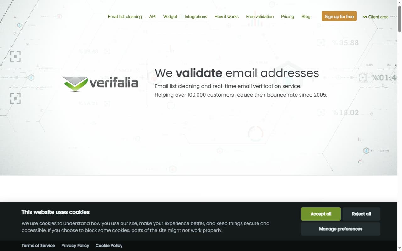 Verifalia homepage — email verification platform founded 2005, serving 100,000+ customers