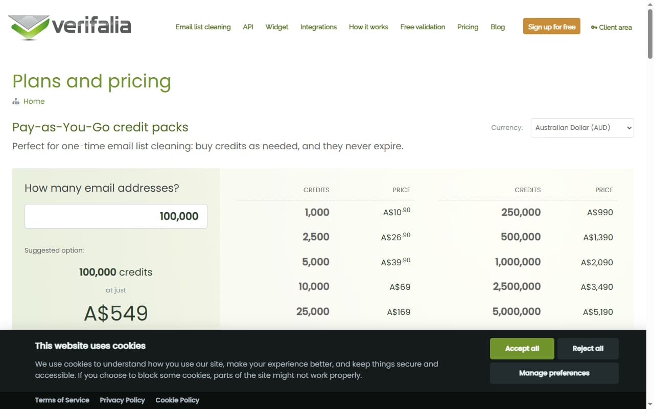 Verifalia pricing page 2026 — subscription plans with daily credit limits and non-expiring credit packs