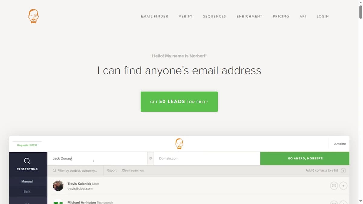 Voila Norbert homepage — single-source email finder evaluated for B2B prospecting in 2026