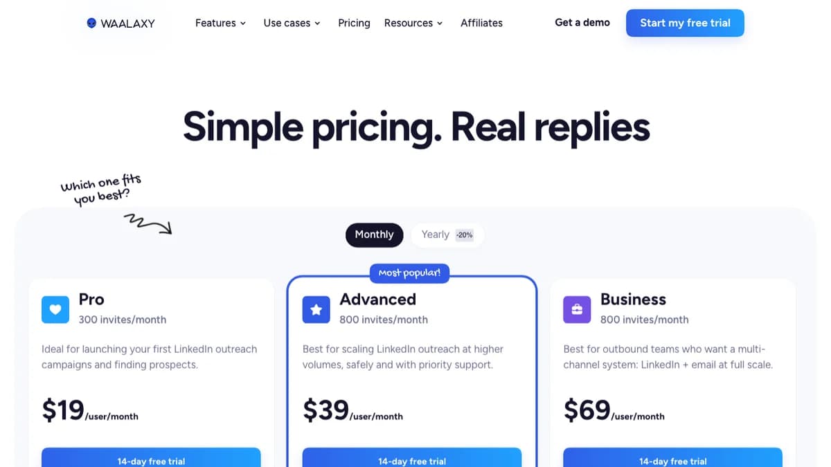 Waalaxy pricing page — budget Dripify alternative with Pro, Advanced, and Business plans