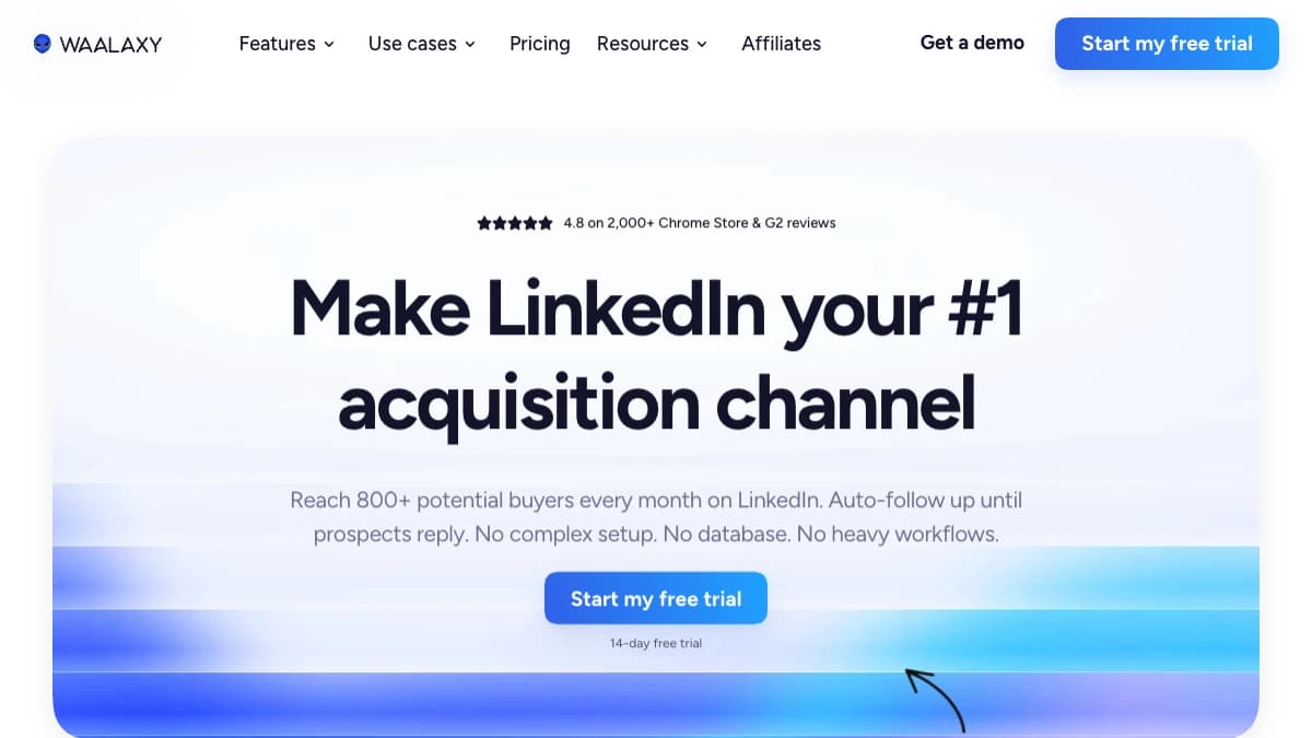 Waalaxy homepage — beginner-friendly LinkedIn and email automation with 99+ sequence templates