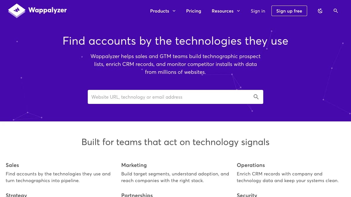Wappalyzer homepage technology lookup — free Intricately alternative for tech detection
