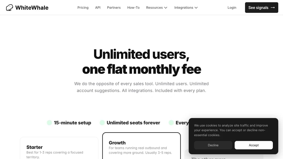 WhiteWhale pricing page — flat monthly fee with unlimited users across Starter and Growth plans