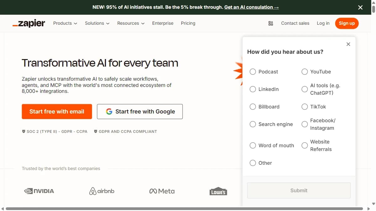 Zapier homepage — Zapier MCP connects AI agents to 9,000+ apps, a no-code Treg alternative