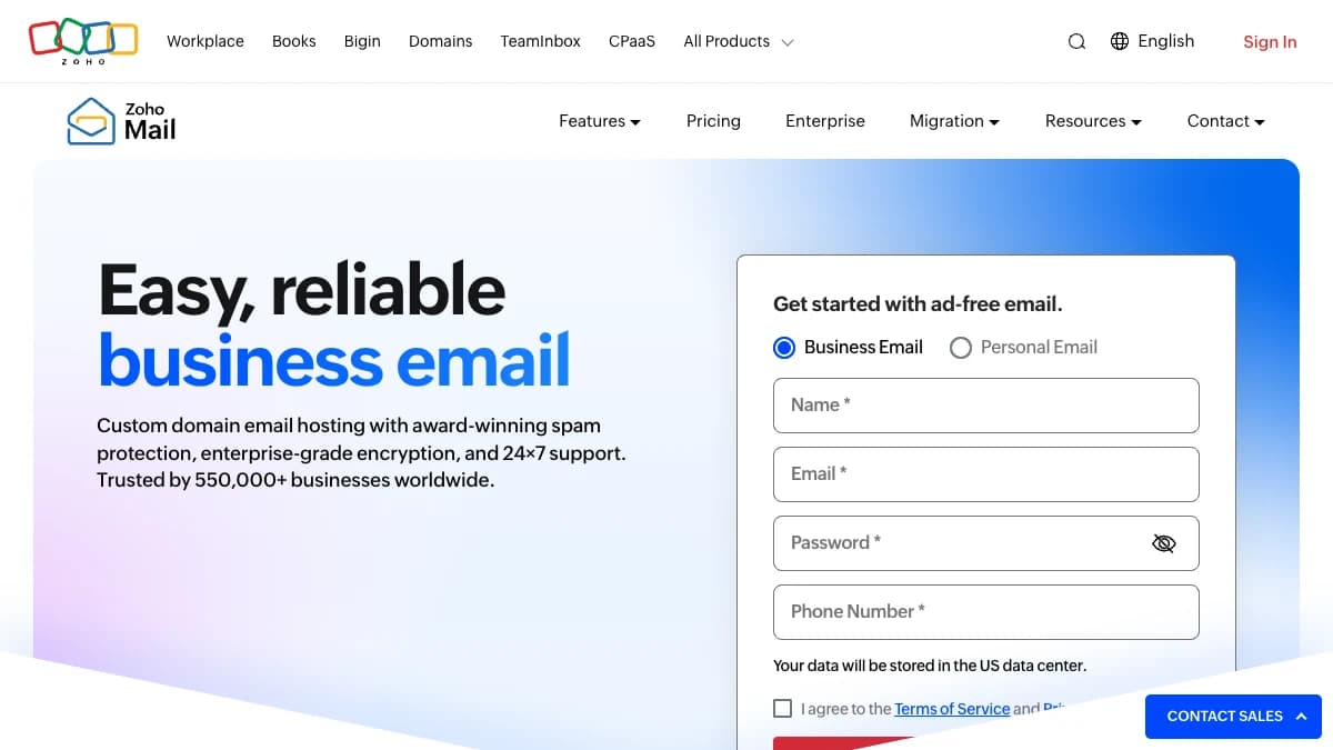 Zoho Mail business email homepage — budget custom-domain email hosting compared for cold email