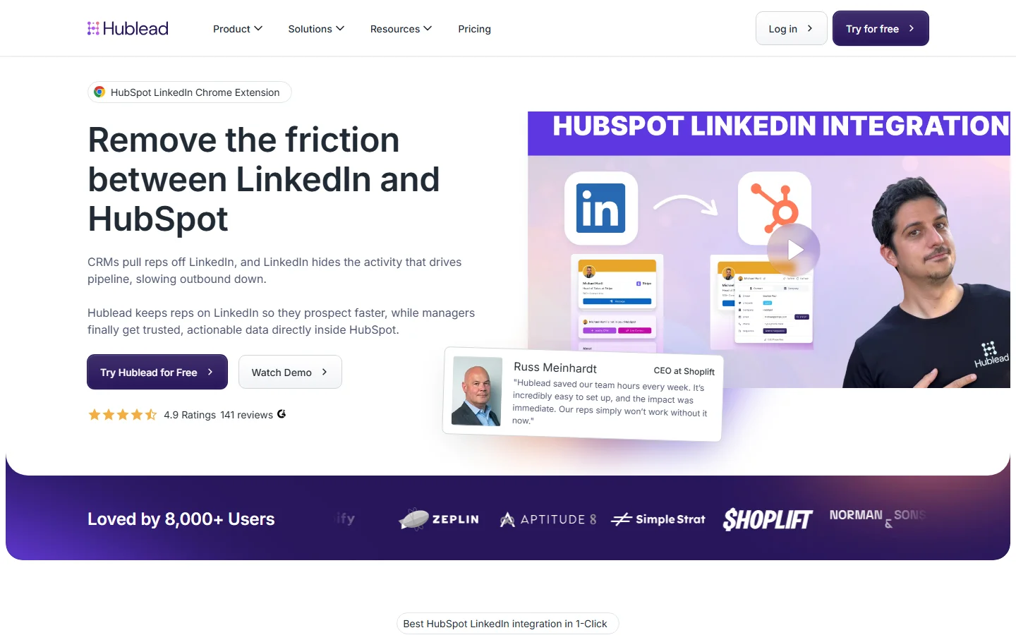 Hublead homepage showing LinkedIn-to-HubSpot Chrome extension