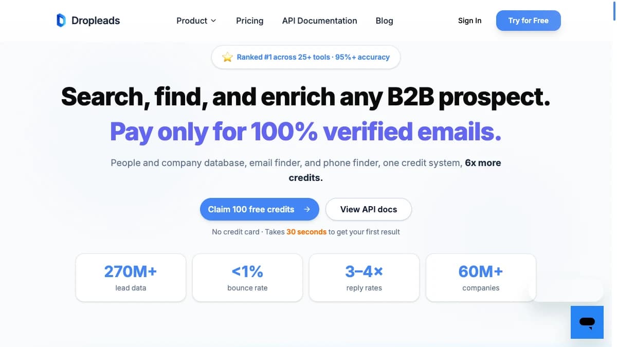 Dropleads homepage — B2B email and phone finder with non-expiring credits
